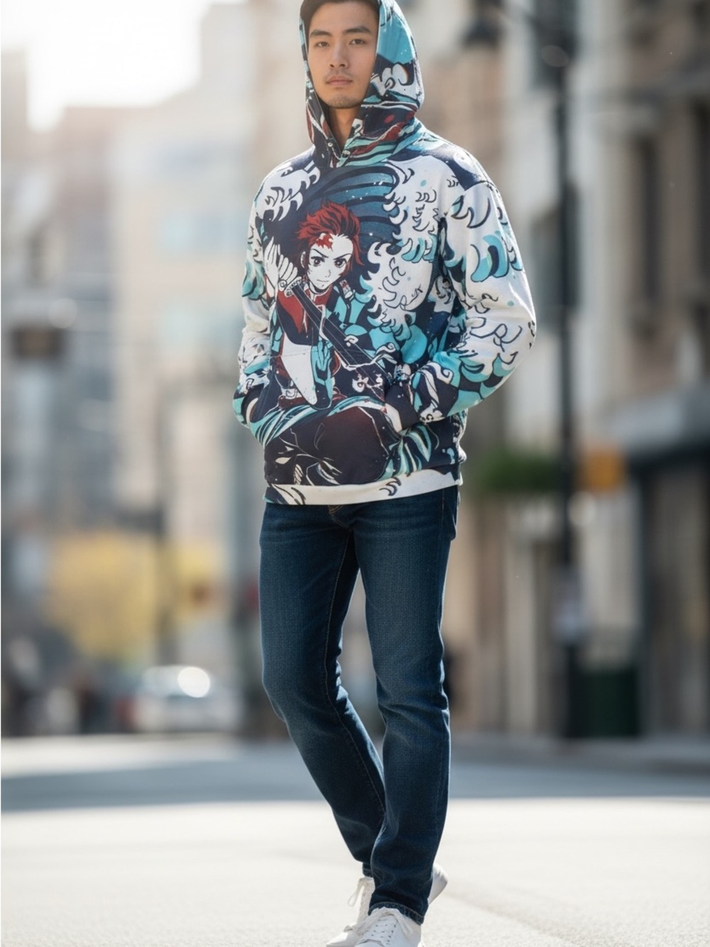 Anime Graphic Blue & Black Hooded Sweater